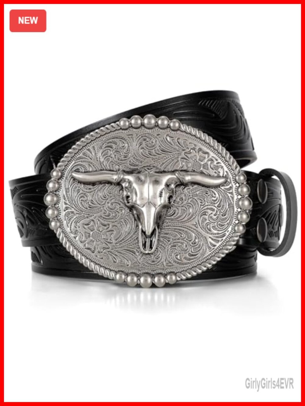 Western Leather Belt Big Longhorn Bull Buckle Cowboy Rodeo